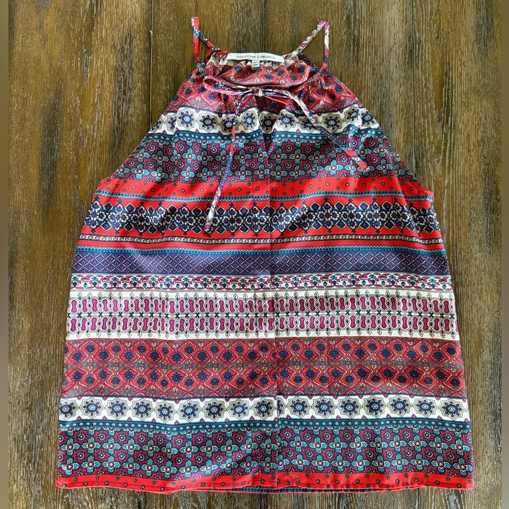 Collective Concepts Women’s Red and Blue Patterned Button Down Halter Top Size M